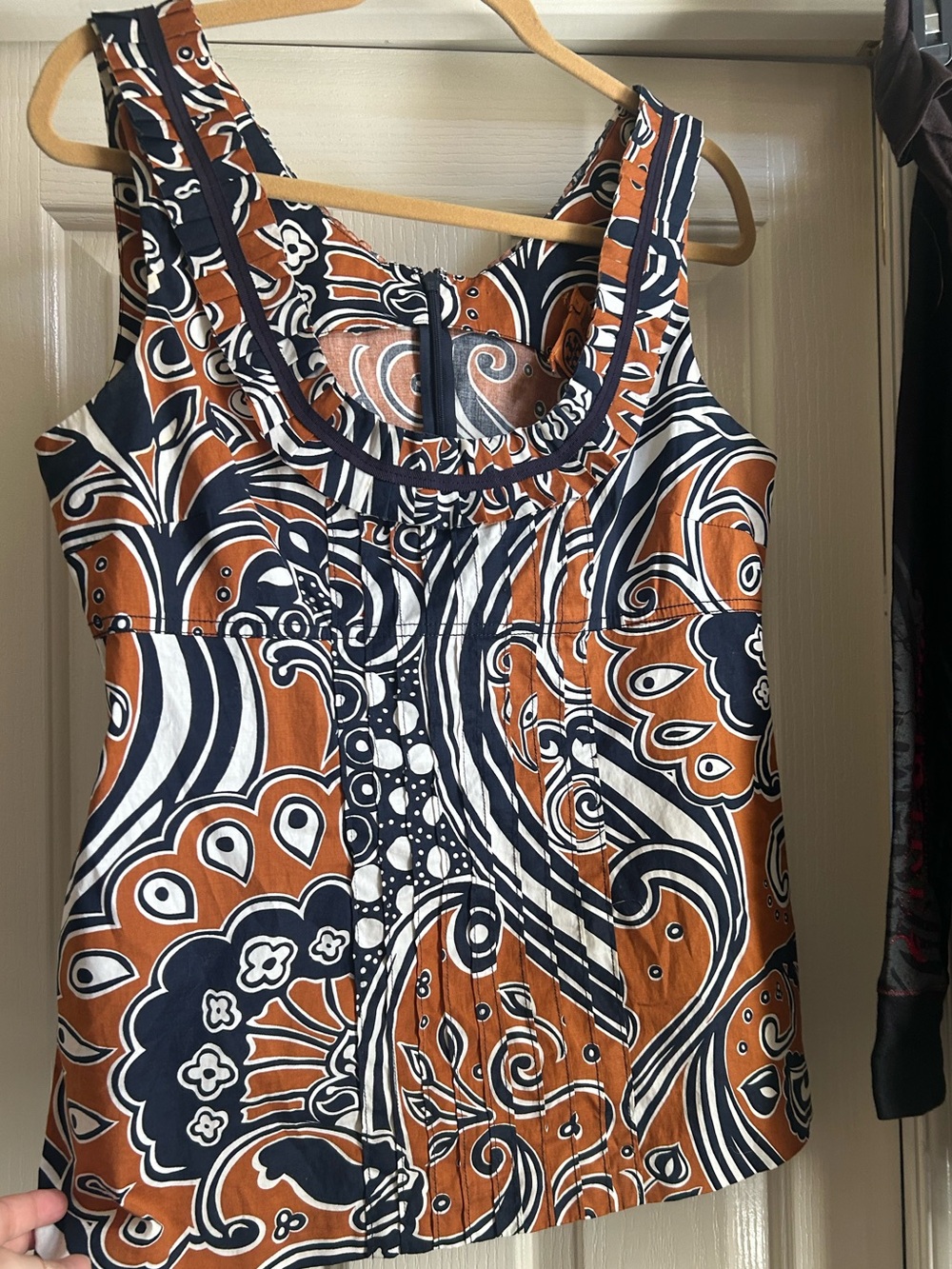 Tory Burch Navy, Brown & White Printed Sleeveless Tank